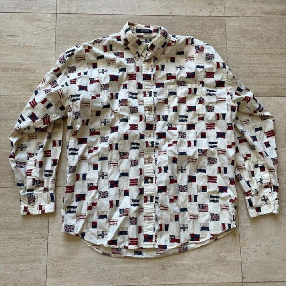 CHAPS Ralph Lauren Flag All Over Print Button Long Sleeve Shirt Size Large